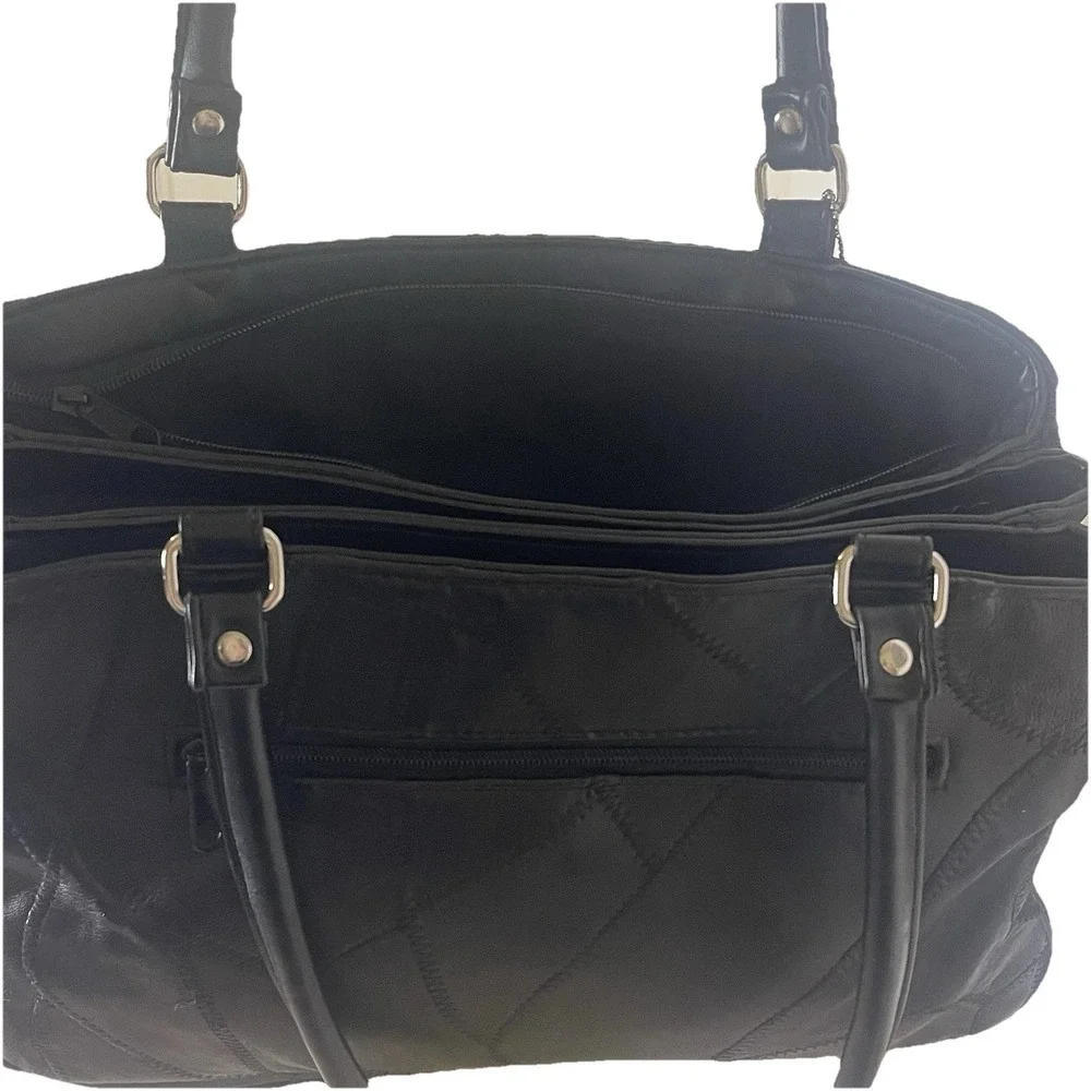 Black Leather Patchwork Tote Bag Shoulder Purse Women Medium 13x9 Classic‎